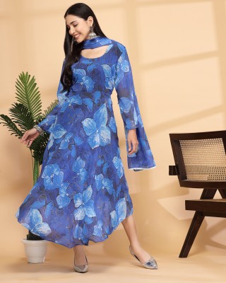 MISS AYSE Women Fit and Flare Blue Dress