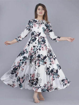 Shyam ki nagri Flared/A-line Gown(White, Blue)