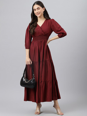 Jash Creation Women Fit and Flare Maroon Maxi/Full Length Dress