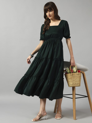 Raiyani Enterprise Women Fit and Flare Green Maxi/Full Length Dress