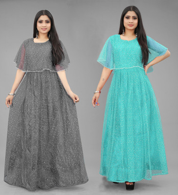 DECOFIN Flared/A-line Gown(Grey, Light Blue)