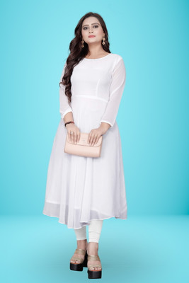 Lakshya Fashion Women Solid Flared Kurta(White)