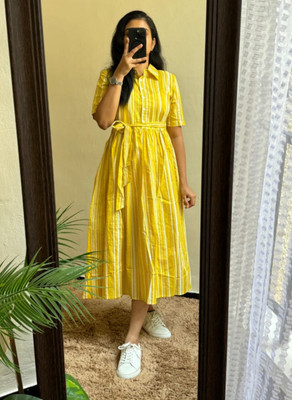 Jash Creation Women Fit and Flare Yellow Midi/Calf Length Dress