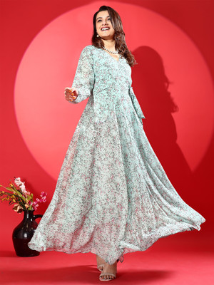 Fashion2wear Women Gown Light Green Maxi/Full Length Dress