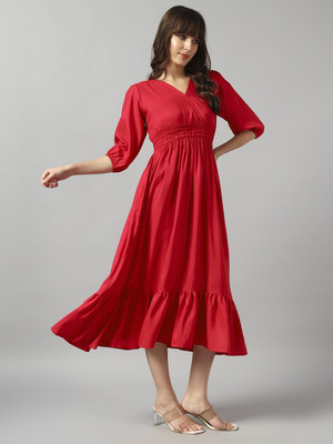 Krunal Raiyani Women Fit and Flare Pink Midi/Calf Length Dress