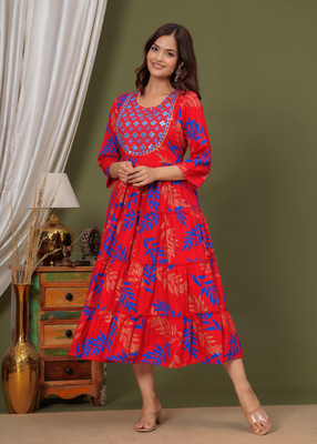 HouseOfCommon Women Floral Print Anarkali Kurta(Red)
