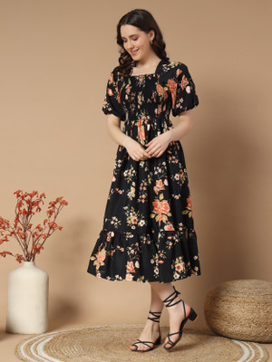Krunal Raiyani Women Fit and Flare Gold Midi/Calf Length Dress