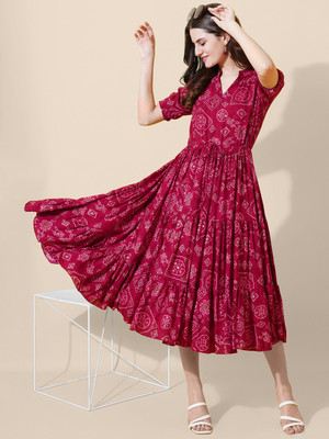 Krunal Raiyani Women Fit and Flare Pink Midi/Calf Length Dress