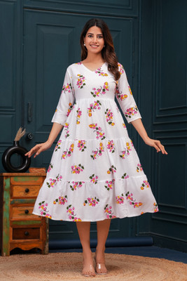 JCGARMENTS Women Gown White Midi/Calf Length Dress