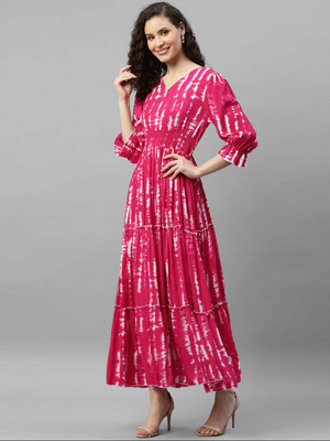 Krunal Raiyani Women Fit and Flare Pink Maxi/Full Length Dress