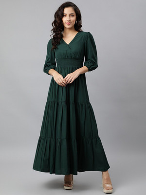 Jash Creation Women Fit and Flare Green Maxi/Full Length Dress