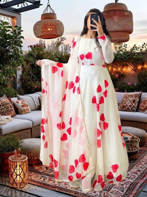 Pramukh Darshan Export Anarkali Gown(White, Red)
