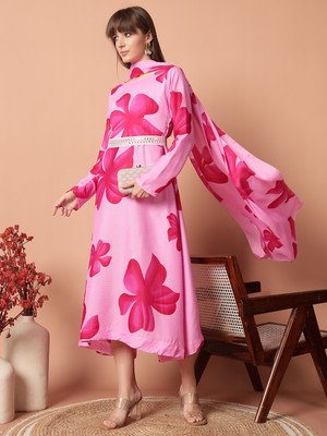 Jash Creation Women Fit and Flare Pink Maxi/Full Length Dress