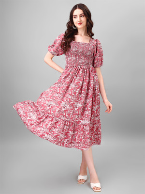 Krunal Raiyani Women Fit and Flare Pink Midi/Calf Length Dress
