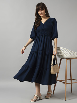 Jash Creation Women Fit and Flare Blue Maxi/Full Length Dress