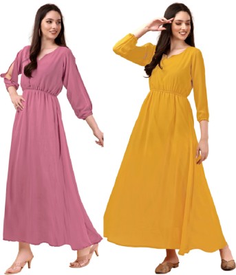 Maruti Nandan Fab Anarkali Gown(Pink, Yellow)