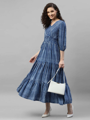 Jash Creation Women Fit and Flare Blue Maxi/Full Length Dress