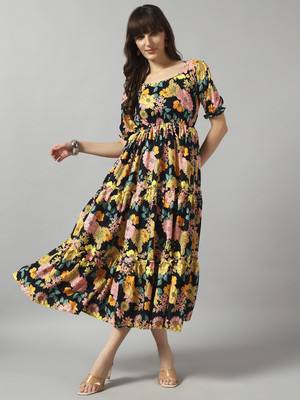 Krunal Raiyani Women Fit and Flare Yellow Midi/Calf Length Dress