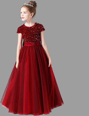 Driza Ecommerce Girls Maxi/Full Length Festive/Wedding Dress(Red, Short Sleeve)
