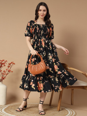Jash Creation Women Fit and Flare Multicolor Midi/Calf Length Dress