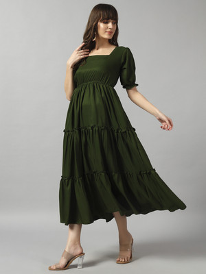 Krunal Raiyani Women Fit and Flare Light Green Midi/Calf Length Dress