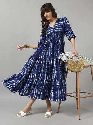 Jash Creation Women Fit and Flare Blue Maxi/Full Length Dress