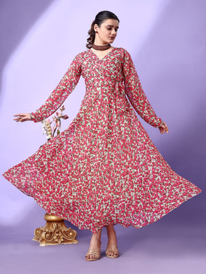 Fashion2wear Women Fit and Flare Pink Maxi/Full Length Dress