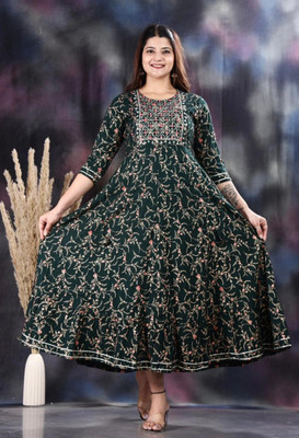 rathore Women Floral Print Anarkali Kurta(Green)