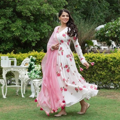 indian glory Flared/A-line Gown(White, Pink)