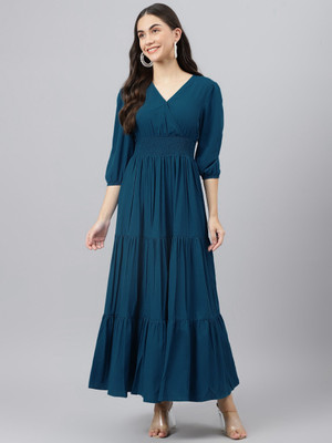 Raiyani Enterprise Women Fit and Flare Blue Maxi/Full Length Dress