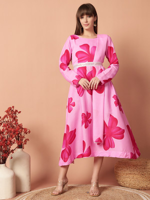 Krunal Raiyani Women Fit and Flare Pink Midi/Calf Length Dress