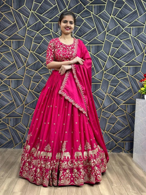 Ethnicset Embroidered Semi Stitched Lehenga Choli(Pink)
