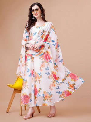 Jash Creation Women Fit and Flare White Maxi/Full Length Dress