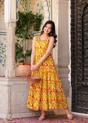 AASHLEY Women Printed Anarkali Kurta(Yellow)