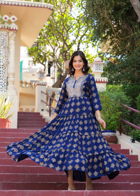 CHARVI CREATION Women Printed, Embroidered Flared Kurta(Dark Blue)