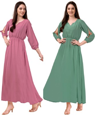 Maruti Nandan Fab Anarkali Gown(Pink, Green)