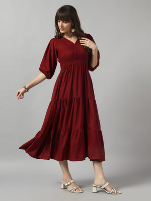 Raiyani Enterprise Women Fit and Flare Maroon Maxi/Full Length Dress