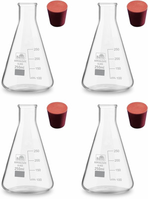 Bello Borosilicate Glass Conical Flask with Cork, Narrow Mouth 250ml Pack of 4 Borosilicate Glass Graduated Cylinder(250 ml)
