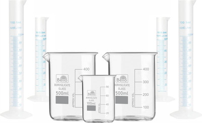 Bello Borosilicate Beaker 500ml & 100ml With Plastic Cylinder 50ml, 100ml Pack of 7 Borosilicate Glass Graduated Cylinder(1400 ml)
