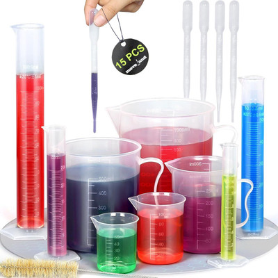 Salco 15 pcs set 4 Cylinder 10ml-100ml, 5 Beakers 50ml-1000ml, 5 Pipettes 3ml, 1 brush Plastic Graduated Cylinder(100 ml)
