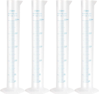 Pushpa 250ML Transparent Plastic Graduated Cylinder for Laboratory Testing (Pack of 4) PP (Polypropylene) Graduated Cylinder(250 ml)