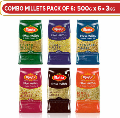 Manna Browntop, Foxtail, Kodo, Proso, Barnyard & Little High Fiber Unpolished Mixed Millet  (3000 G, Pack Of 6) For Rs. 388 @ 63 %