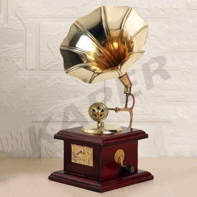 KAPER Brass Gramophone Showpiece Home Decorative Antique Vintage Style Mini Gramophone Brass, Wooden Gramophone(Yes)