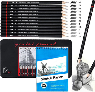 Adoere 13 Pc Sketch Pencil Set Drawing Kit for Art Kit with 25 Sheets A5 Sketch Book Pencil(Pack of 13)