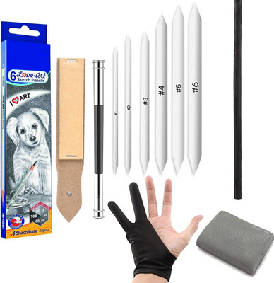 ArtKraft Artline sketching & sand Paper Blending Stumps & Sketching Glove or Charcoal Pencil(Pack of 10)