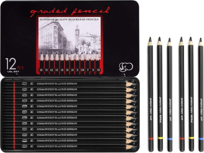 ChiggiWiggi 12 Graphite Drawing Pencil Tin Box and 6 Black Charcoal Pencil-Soft-Medium-Hard Pencil(Pack of 18)