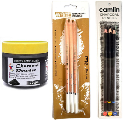 ANVIS Artist Black Charcoal Powder with White Charcoal Pencil and Camlin Charcoal Pencil(Pack of 1)