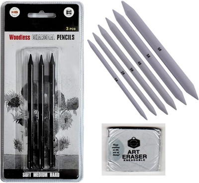Da Novira 3 Pcs Woodless Charcoal Pencil, Set Of 6 White Paper Stump, 1 Kneadable Eraser Pencil(Pack of 1)