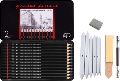 ChiggiWiggi 12 Graphite Drawing Pencil,6 Blending Stump,1 Eraser,1 Extender,Sand Paper Strip Pencil(Pack of 21)