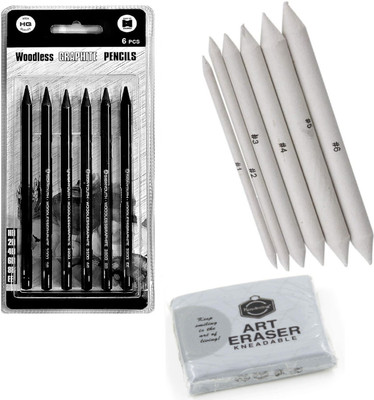 Da Novira 6 Pcs Woodless Graphite Pencil, Set Of 6 White Paper Stump, 1 Kneadable Eraser Pencil(Pack of 1)